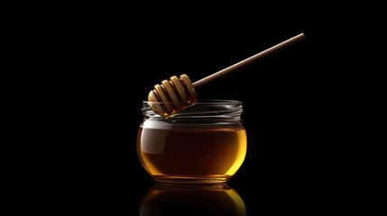Honey Jar with Dipper on Black Background