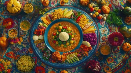 Vibrant autumnal feast lentil stew, rice, colorful vegetables, and gourds arranged on a patterned tablecloth.
