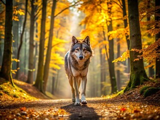 Panoramic Wolf Forest Path - Majestic Wildlife Photography AI Generated Image