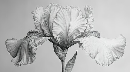 A detailed monochrome illustration of an iris flower showcasing intricate petal patterns.