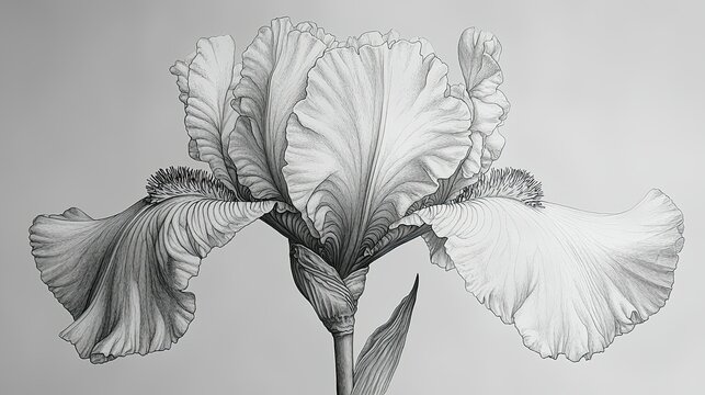 A detailed monochrome illustration of an iris flower showcasing intricate petal patterns.