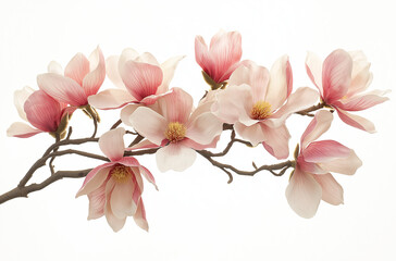 Obraz premium Beautiful pink magnolia flowers with delicate petals isolated on a white background, perfect for creative projects, commercial use, and high-resolution stock photography