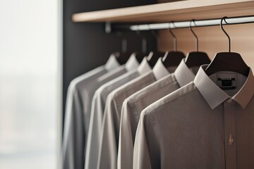 Shirt formal comfort concept. Stylish shirts displayed on hangers, showcasing modern patterns and colors in a minimalist wardrobe setting.