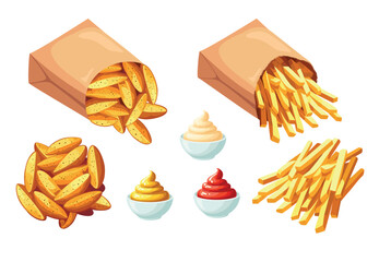 Set of tasty and crispy potatoes in paper box. Vector illustration