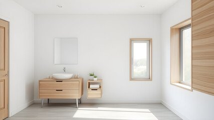 Indoor photo of frontal view, minimalism, modern style in design, light colors, bathroom on the wall above the sink two mirrors, on the floor furniture, wood finish on one wall, Generative AI