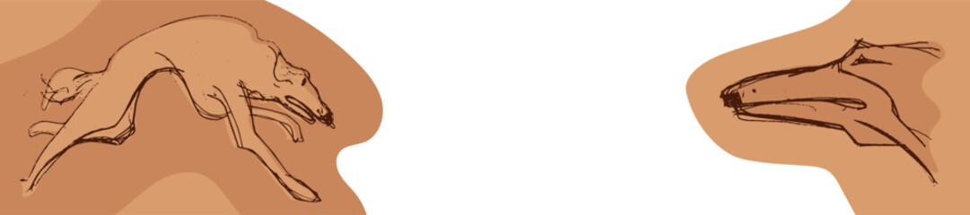 Hunting Sighthound dogs hand-drawn sketches - minimalist ink drawing - Borzoi, hunting sighthound, whippet - linear vector illustrations. Dog breeding business concept - Banner template - brown colors