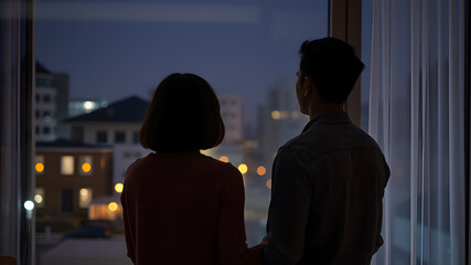 Indoor photo of good looking asian couple looking out from their big glass window at home, female has a bob hair, night shot, back view, zoom out. Generative AI