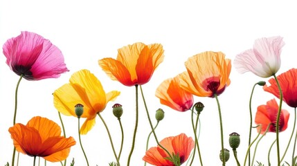 Fototapeta premium Vibrant multicolored poppies isolated on white background.