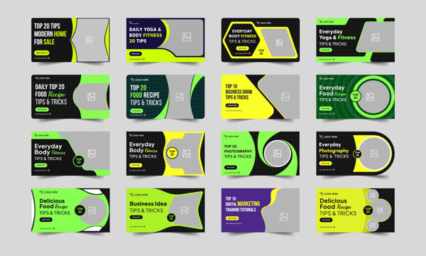 Multipurpose tips and tricks video thumbnail banner design, daily exercise, food recipe, marketing techniques video cover banner design, bundle video thumbnail banner design, vector eps 10 file format