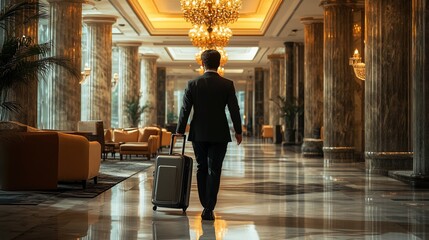 Elegant Man Walking in Hotel Lobby