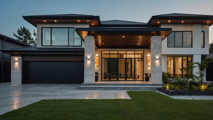 Obraz premium Modern Two-Story Residence with Attached Garage and Landscaped Grounds