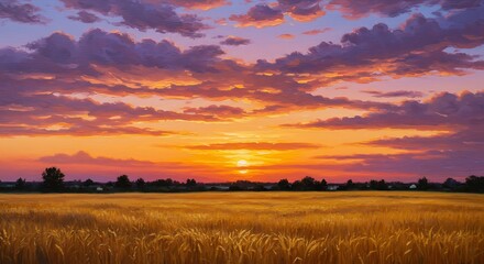 Vibrant summer sunset over golden fields with dramatic clouds and radiant sky colors creating a serene and picturesque landscape.
