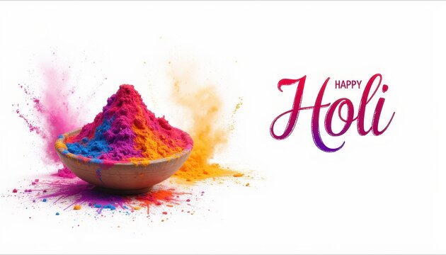 The image shows a bowl filled with vibrant colored powders (gulal) used in the Holi festival, with splashes of colors around it. The text "Happy Holi" is written in a colorful, festive font on the rig