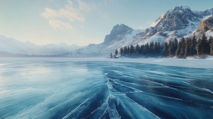 Obraz premium Frozen Lake Serenity: A Winter Wonderland in the Mountains