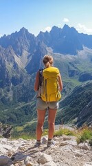 Fototapeta premium A woman with a yellow backpack stands on a mountain peak, enjoying a stunning view of the mountains. This scene captures the beauty of nature and adventure.