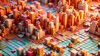 Obraz premium Peach Pixel Art Urban Backdrop: Abstract 3D Mosaic Macro Photography