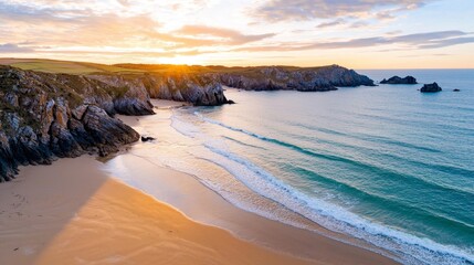 Serene Sunset at Secluded Golden Beach with Turquoise Waves