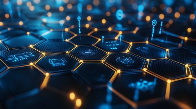 Hexagonal honeycomb design in 3D, layered for a futuristic, molecular pattern, offering a stylish and structured background ideal for science and tech-related content