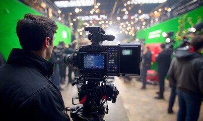 Film set crew team lightman and cameraman working together with director in big studio, video production behind the scenes making of TV commercial movie. Modern movie set