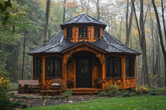 Charming octagonal cottage nestled in a misty forest