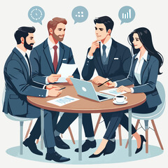 partners meeting for business discussion with documents and laptop on desk.couple at round table ,speaking ,discussing work,partnership.flat vector illustration isolated on a white background