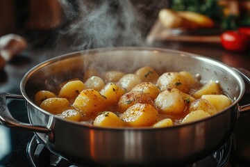 Steaming hot potatoes with black pepper in stainless steel pot on kitchen counter