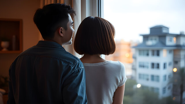Indoor photo of good looking asian couple looking out from their big glass window at home, female has a bob hair, night shot, back view, zoom out. Generative AI