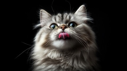 a fluffy Persian cat with its tongue sticking out slightly, looking both adorable and ridiculous. 
