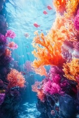 Naklejka premium Stunning underwater scene featuring a vibrant coral reef with colorful fish and sunlight filtering through clear ocean waters.