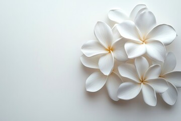White plumeria flowers creating relaxing spa atmosphere on white background