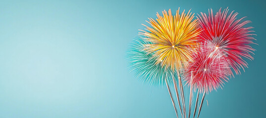 Fototapeta premium Colorful fireworks burst against clear blue sky, creating vibrant display