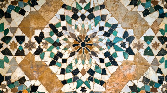 A mosaic tile floor with a green and white flower design. The tile is made of stone and is arranged in a pattern