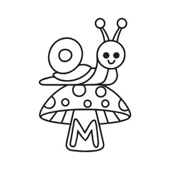 Coloring page with cute snail and mushrooms in grass for kids, kawaii black and white cartoon insects themed educational worksheet for print, game for preschoolers
