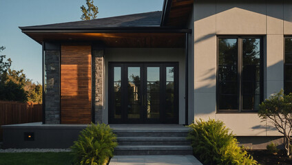 Fototapeta premium Modern home exterior with dark gray siding, wood paneling accents, dark-framed double doors, and gray stone steps. Landscaping includes green shrubs. Sunlight casts shadows on the house's facade.