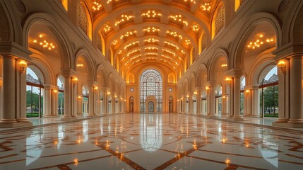 Fototapeta premium Grand hall with marble floor, arched ceilings, and warm lighting.