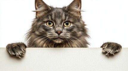 Winking grey cat sitting above a banner, isolated on a white background, with its eyes sparkling in a playful expression that adds character to any project