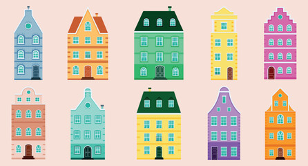 Collection of 10  houses in european style. Set of facades of buildings. Amsterdam style buildings. Cartoon  facades. Colorful houses set. Old city houses. Flat design. Vector illustration.