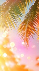 A stunning tropical sunset featuring palm leaves silhouetted against a colorful sky with bokeh light effects.