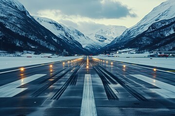 Snowy airport runway landscape norwegian mountains aerial view transport environment travel concept