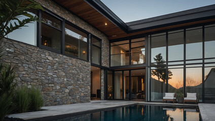 Fototapeta premium Modern Residence with Stone Facade, Extensive Windows, and Infinity Pool