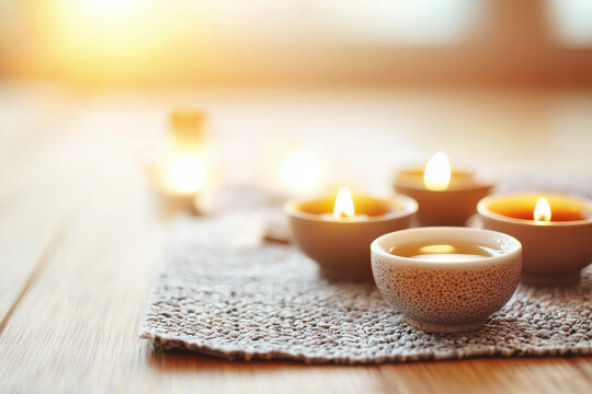 Warm candlelight on cozy woven mat creates serene atmosphere