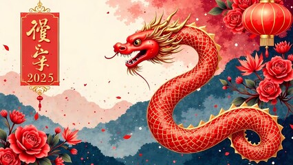 Obraz premium Lunar New Year celebration 2025: Snake zodiac design with floral motifs, lanterns and red and gold elements. Chinese Dragon
