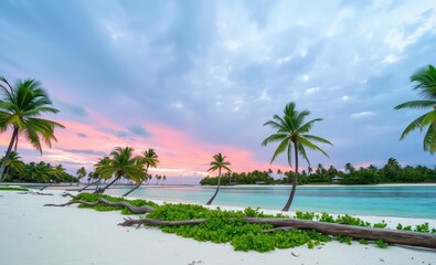 Obraz premium Native palm trees litter the sand coastal shore of a coral atoll island archipelago in the south pacific seas ocean front property ocean property house home beach real estate