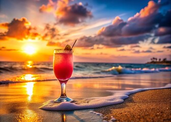 Pink Sunset Beach Cocktail - Low Light Photography, Tropical Drink, Ocean Sunset, Beach Bar, Summer Vacation
