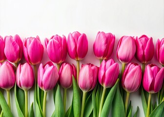 Fototapeta premium Pink Tulip Border, Floral Frame, White Background, Spring Flowers, Flat Lay Photography, Top View, Isolated Tulips, Flower Design, Pink Tulips, Floral Background