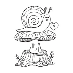 Coloring page with cute snail and mushrooms in grass for kids, kawaii black and white cartoon insects themed educational worksheet for print, game for preschoolers