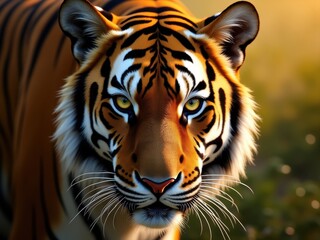 Obraz premium Majestic tiger gazes intently in golden light of the forest