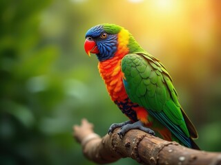 Fototapeta premium Colorful parrot perched on a branch in a lush forest during golden hour