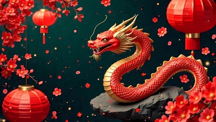 Obraz premium Lunar New Year celebration 2025: Snake zodiac design with floral motifs, lanterns and red and gold elements. Chinese Dragon
