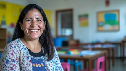 Smiling Latin American elementary school teacher standing confidently in a vibrant classroom, embodying education, warmth, professionalism, and a passion for teaching and nurturing young minds